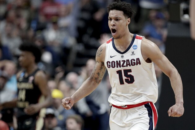 Gonzaga forward Brandon Clarke celebrates after scoring against Florida State during the second half an NCAA men's college basketball tournament West Region semifinal Thursday, March 28, 2019, in Anaheim, Calif. (AP Photo/Jae C. Hong)