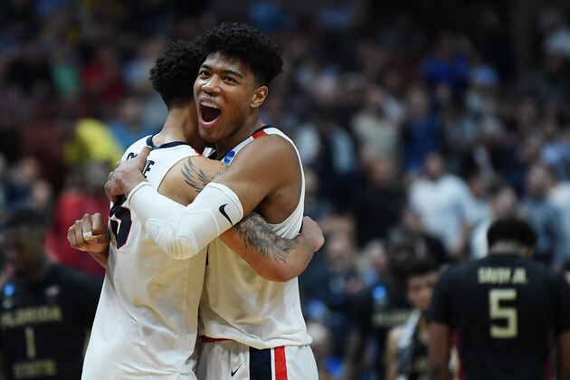 ANAHEIM, CALIFORNIA - MARCH 28: Rui Hachimura #21 of the Gonzaga Bulldogs and Brandon Clarke #15 of the Gonzaga Bulldogs celebrate their win against the Florida State Seminoles during the 2019 NCAA Men's Basketball Tournament West Regional at Honda Center on March 28, 2019 in Anaheim, California. (Photo by Harry How/Getty Images)