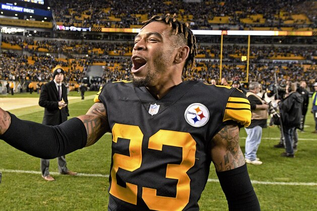 Pittsburgh Steelers cornerback Joe Haden (23) celebrates as he walks off the field following a 17-10 win over the New England Patriots in an NFL football game in Pittsburgh, Sunday, Dec. 16, 2018. (AP Photo/Don Wright)