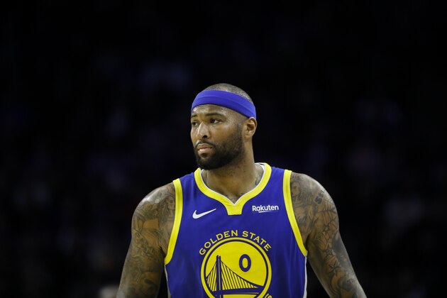 Golden State Warriors' DeMarcus Cousins in action during an NBA basketball game against the Philadelphia 76ers, Saturday, March 2, 2019, in Philadelphia. (AP Photo/Matt Slocum)