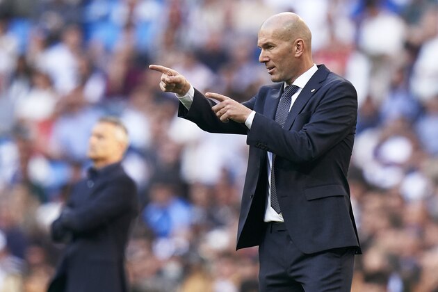 MADRID, SPAIN - MARCH 16: Zinedine Zidane, Manager of Real Madrid reacts during the La Liga match between Real Madrid CF and RC Celta de Vigo at Estadio Santiago Bernabeu on March 16, 2019 in Madrid, Spain. (Photo by Quality Sport Images/Getty Images)