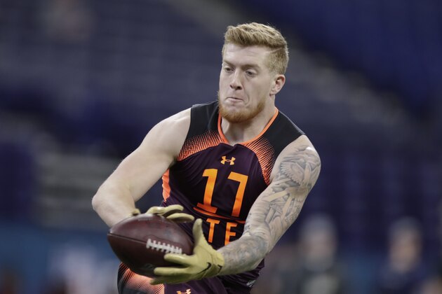 Texas A&M tight end Jace Sternberger runs a drill at the NFL football scouting combine in Indianapolis, Saturday, March 2, 2019. (AP Photo/Michael Conroy)