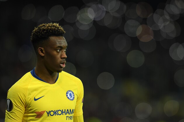 KIEV, UKRAINE - MARCH 14: Callum Hudson-Odoi of Chelsea looks on during the UEFA Europa League Round of 16 Second Leg match between Dynamo Kyiv and Chelsea at NSC Olimpiyskiy Stadium on March 14, 2019 in Kiev, Ukraine. (Photo by Mike Hewitt/Getty Images)