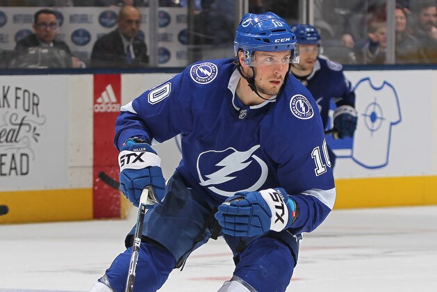 TORONTO, ON - MARCH 11:  J.T. Miller #10 of the Tampa Bay Lightning skates against the Toronto Maple Leafs during an NHL game at Scotiabank Arena on March 11, 2019 in Toronto, Ontario, Canada. The Lightning defeated the Maple Leafs 6-2. (Photo by Claus Andersen/Getty Images)
