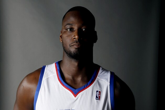 Philadelphia 76ers' Kwame Brown poses for a photograph during media day at the team's practice facility, Friday, Sept. 27, 2013, in  Philadelphia. (AP Photo/Matt Slocum)
