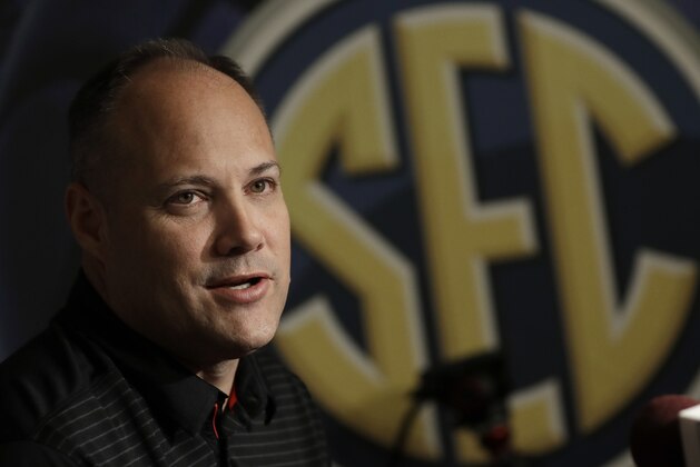 Georgia coach Mark Fox answers questions during the Southeastern Conference men's NCAA college basketball media day Wednesday, Oct. 18, 2017, in Nashville, Tenn. (AP Photo/Mark Humphrey)