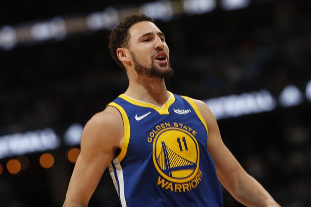 Golden State Warriors guard Klay Thompson (11) in the second half of an NBA basketball game Tuesday, Jan. 15, 2019, in Denver. The Warriors won 142-111. (AP Photo/David Zalubowski)