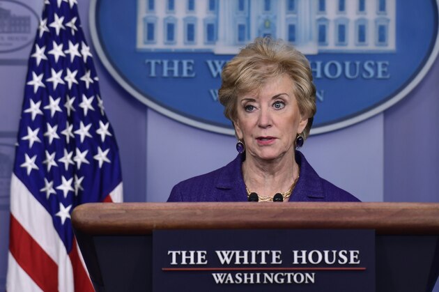 Small Business Administrator Linda McMahon speaks during a briefing at the White House in Washington, Wednesday, Oct. 3, 2018. President Donald Trump gave his quarterly White House salary to the Small Business Administion. (AP Photo/Susan Walsh)