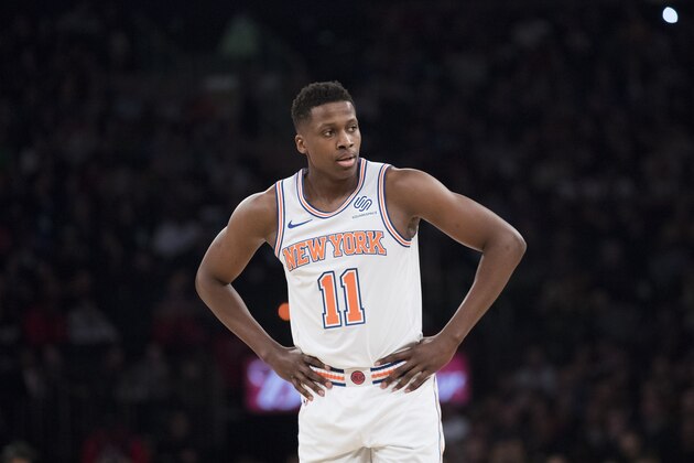 New York Knicks guard Frank Ntilikina during a pause in action during the first half of an NBA basketball game against the Denver Nuggets, Friday, March 22, 2019, at Madison Square Garden in New York. (AP Photo/Mary Altaffer)