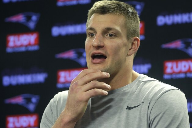 New England Patriots tight end Rob Gronkowski takes questions from reporters following an NFL football practice, Thursday, Jan. 24, 2019, in Foxborough, Mass. The Los Angeles Rams are to play the New England Patriots in Super Bowl 53 on Feb. 3, in Atlanta, Ga. (AP Photo/Steven Senne)