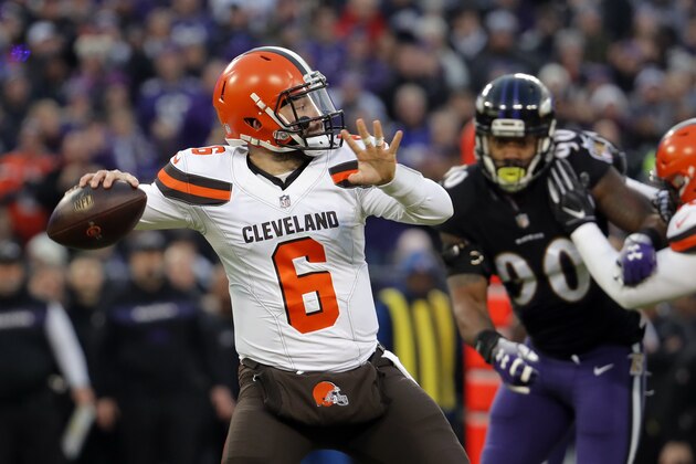 Cleveland Browns quarterback Baker Mayfield throws a pass in the first half of an NFL football game against the Baltimore Ravens, Sunday, Dec. 30, 2018, in Baltimore. (AP Photo/Carolyn Kaster)