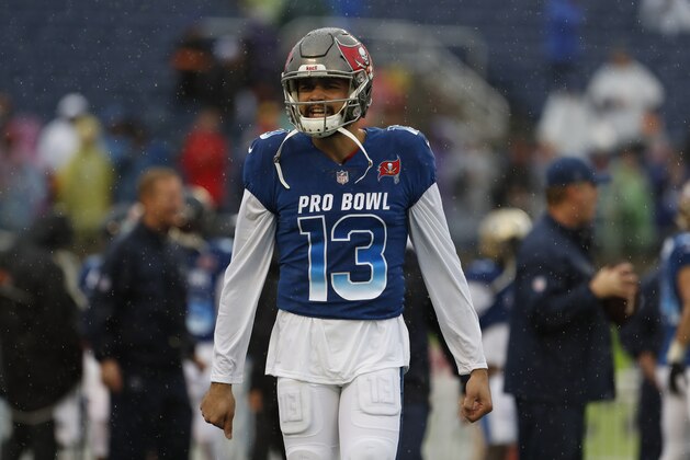 NFC wide receiver Mike Evans (13), of the Tampa Bay Buccaneers, before the NFL Pro Bowl football game Sunday, Jan. 27, 2019, in Orlando, Fla. (AP Photo/Mark LoMoglio)