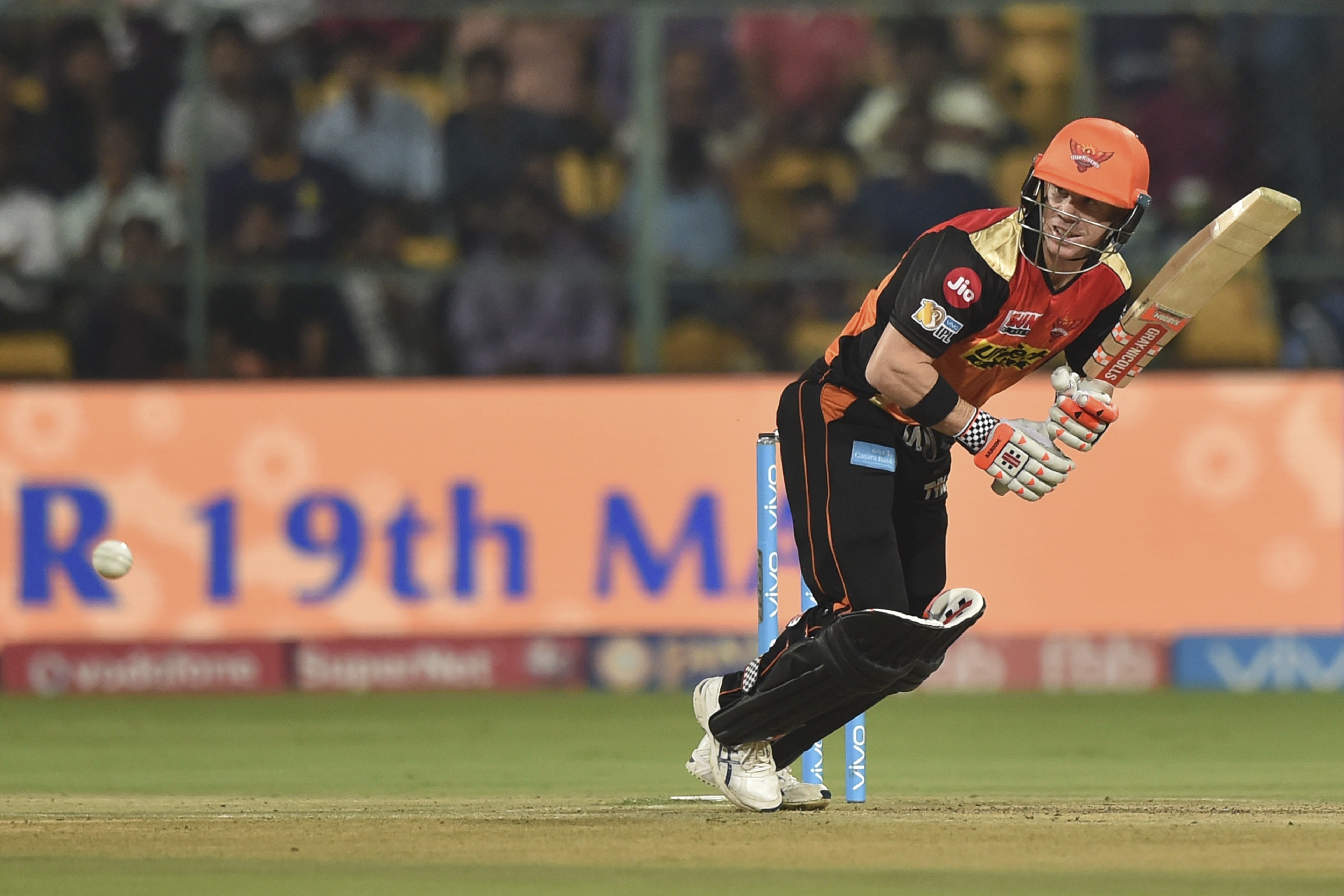 Sunrisers Hyderabad batsman David Warner plays a shot during the Indian Premier League cricket eliminator match against Kolkata Knight Riders in Bangalore, India, Wednesday, May 17, 2017. (AP Photo) Sunrisers Hyderabad batsman David Warner plays a shot during the Indian Premier League cricket eliminator match against Kolkata Knight Riders in Bangalore, India, Wednesday, May 17, 2017. (AP Photo)