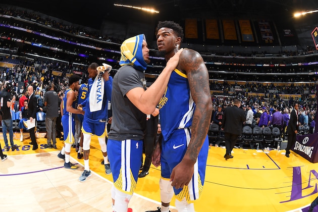 LOS ANGELES, CA - JANUARY 21: Stephen Curry #30 of the Golden State Warriors and Jordan Bell #2 of the Golden State Warriors seen on court following the game against the Los Angeles Lakers on January 21, 2019 at STAPLES Center in Los Angeles, California. NOTE TO USER: User expressly acknowledges and agrees that, by downloading and/or using this Photograph, user is consenting to the terms and conditions of the Getty Images License Agreement. Mandatory Copyright Notice: Copyright 2019 NBAE (Photo by Andrew D. Bernstein/NBAE via Getty Images)