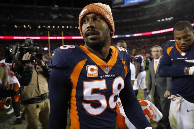 Denver Broncos outside linebacker Von Miller (58) leaves the field after an NFL football game against the Cleveland Browns, Saturday, Dec. 15, 2018, in Denver. The Browns won 17-16. (AP Photo/David Zalubowski)
