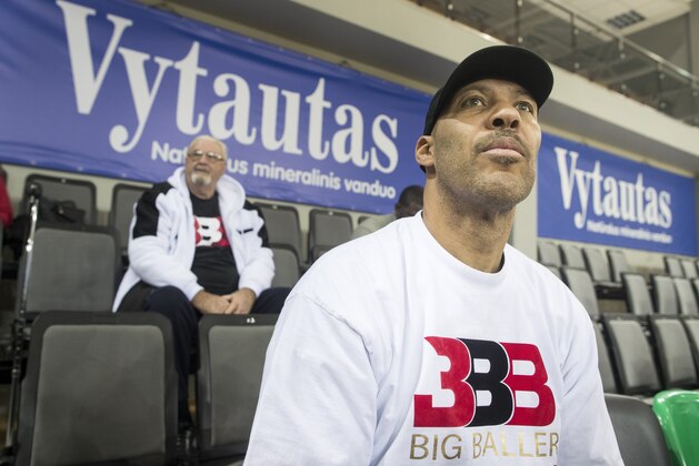 The father of American basketball players LiAngelo and LaMelo,  LaVar Ball attends during the training session at the BC Prienai-Birstonas Vytautas arena in Prienai, Lithuania, Friday, Jan. 5, 2018. LiAngelo Ball and LaMelo Ball have signed a one-year contract to play for Lithuanian professional basketball club Prienai - Birstonas Vytautas, in the southern Lithuania town of Prienai, some 110 km (68 miles) from the Lithuanian capital Vilnius.(AP Photo/Mindaugas Kulbis)