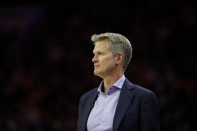 Golden State Warriors' Steve Kerr in action during an NBA basketball game against the Philadelphia 76ers, Saturday, March 2, 2019, in Philadelphia. (AP Photo/Matt Slocum)