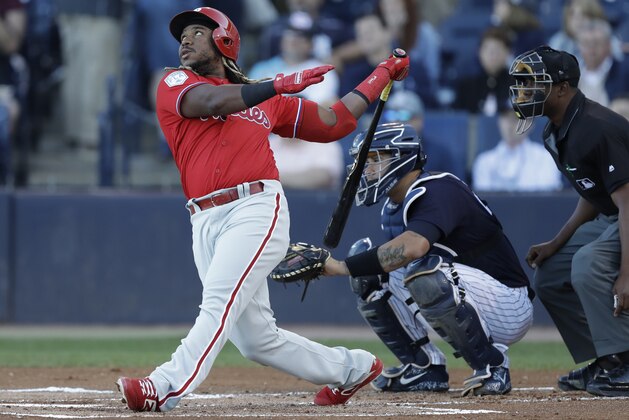 Philadelphia Phillies' Maikel Franco bats against the New York Yankees during the first inning of a spring training baseball game Friday, March 22, 2019, in Tampa, Fla. (AP Photo/Chris O'Meara)
