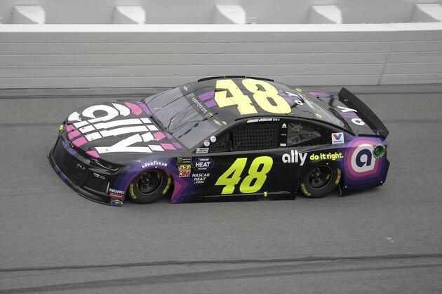 Jimmie Johnson (48) makes his way through Turn 4 during qualifying for the NASCAR Daytona 500 auto race at Daytona International Speedway Sunday, Feb. 10, 2019, in Daytona Beach, Fla. (AP Photo/Phelan M. Ebenhack)
