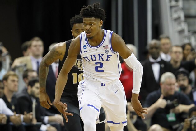 COLUMBIA, SOUTH CAROLINA - MARCH 24: Cam Reddish #2 of the Duke Blue Devils celebrates a three point basket against the UCF Knights during the first half in the second round game of the 2019 NCAA Men's Basketball Tournament at Colonial Life Arena on March 24, 2019 in Columbia, South Carolina. (Photo by Kevin C.  Cox/Getty Images)