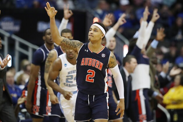 KANSAS CITY, MISSOURI - MARCH 29: Bryce Brown #2 of the Auburn Tigers celebrates against the North Carolina Tar Heels during the 2019 NCAA Basketball Tournament Midwest Regional at Sprint Center on March 29, 2019 in Kansas City, Missouri. (Photo by Christian Petersen/Getty Images)