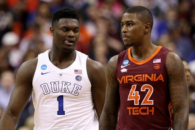 WASHINGTON, DC - MARCH 29: Zion Williamson #1 of the Duke Blue Devils looks at Ty Outlaw #42 of the Virginia Tech Hokies during the first half in the East Regional game of the 2019 NCAA Men's Basketball Tournament at Capital One Arena on March 29, 2019 in Washington, DC. (Photo by Patrick Smith/Getty Images)