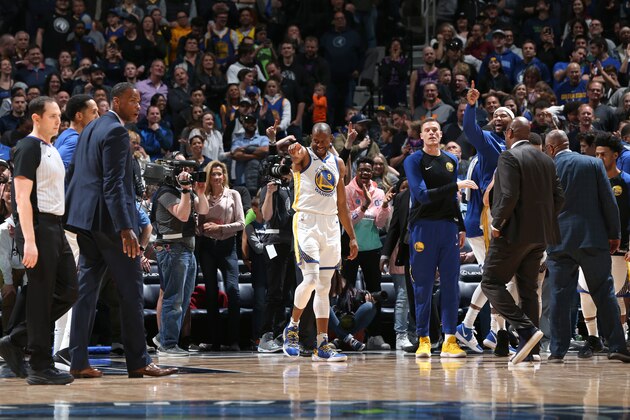 MINNEAPOLIS, MN - MARCH 29: Andre Iguodala #9 of the Golden State Warriors reacts to a play during the game against the Minnesota Timberwolves on March 29, 2019 at Target Center in Minneapolis, Minnesota. NOTE TO USER: User expressly acknowledges and agrees that, by downloading and/or using this photograph, user is consenting to the terms and conditions of the Getty Images License Agreement. Mandatory Copyright Notice: Copyright 2019 NBAE (Photo by David Sherman/NBAE via Getty Images)