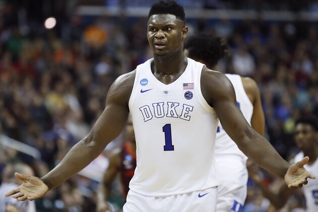 Duke forward Zion Williamson (1) reacts to a referee's call during the second half of the team's NCAA men's college basketball tournament East Region semifinal against Virginia Tech in Washington, Friday, March 29, 2019. (AP Photo/Alex Brandon)