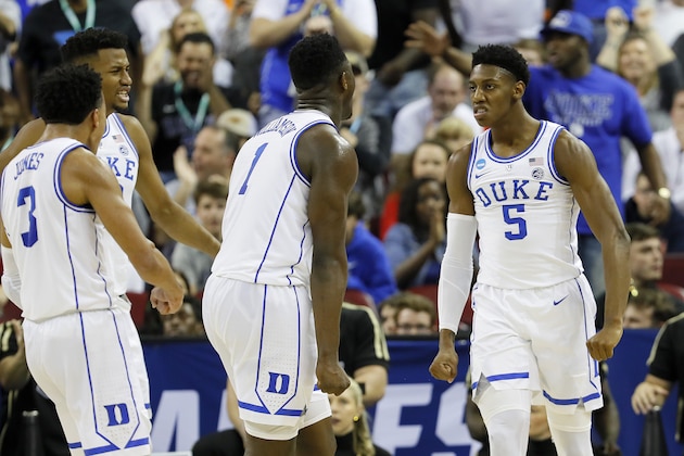 COLUMBIA, SOUTH CAROLINA - MARCH 24: Zion Williamson #1 of the Duke Blue Devils celebrates with RJ Barrett #5 and Tre Jones #3 against the UCF Knights during the first half in the second round game of the 2019 NCAA Men's Basketball Tournament at Colonial Life Arena on March 24, 2019 in Columbia, South Carolina. (Photo by Kevin C.  Cox/Getty Images)