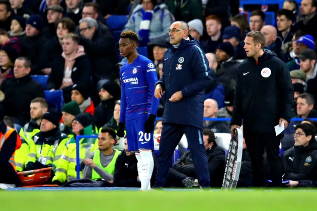 LONDON, ENGLAND - JANUARY 12: Chelsea manager Maurizio Sarri prepares to bring on Callum Hudson-Odoi of Chelsea as a substitute during the Premier League match between Chelsea FC and Newcastle United at Stamford Bridge on January 12, 2019 in London, United Kingdom. (Photo by Chris Brunskill/Fantasista/Getty Images)