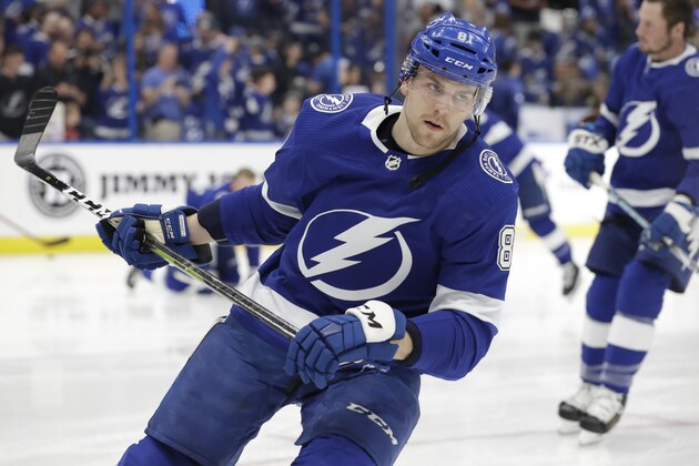 Tampa Bay Lightning defenseman Erik Cernak (81) before an NHL hockey game against the Boston Bruins Monday, March 25, 2019, in Tampa, Fla. (AP Photo/Chris O'Meara)