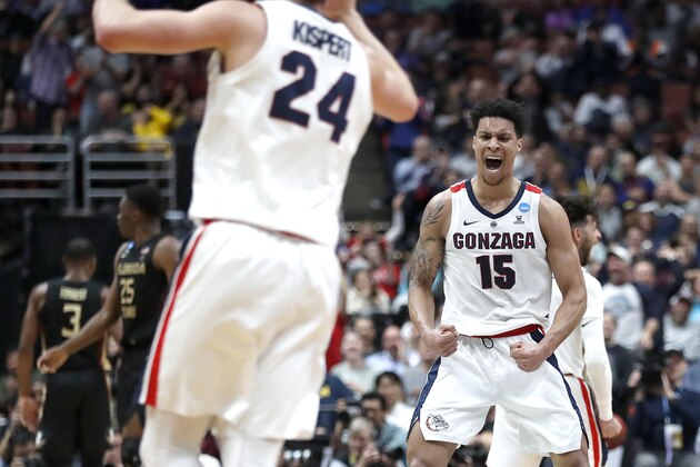 ANAHEIM, CALIFORNIA - MARCH 28: Brandon Clarke #15 of the Gonzaga Bulldogs celebrates a play against the Florida State Seminoles during the 2019 NCAA Men's Basketball Tournament West Regional at Honda Center on March 28, 2019 in Anaheim, California. (Photo by Sean M. Haffey/Getty Images)