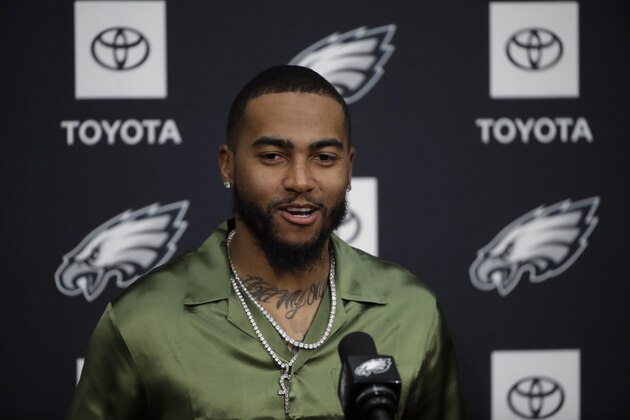 Philadelphia Eagles' DeSean Jackson speaks with members of the media during a news conference at the team's NFL football training facility in Philadelphia, Thursday, March 14, 2019. (AP Photo/Matt Rourke) Philadelphia Eagles' DeSean Jackson speaks with members of the media during a news conference at the team's NFL football training facility in Philadelphia, Thursday, March 14, 2019. (AP Photo/Matt Rourke)