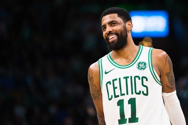 BOSTON, MA - MARCH 29: Kyrie Irving #11 of the Boston Celtics smiles during a game against the Indiana Pacers at TD Garden on March 29, 2019 in Boston, Massachusetts. NOTE TO USER: User expressly acknowledges and agrees that, by downloading and or using this photograph, User is consenting to the terms and conditions of the Getty Images License Agreement. (Photo by Kathryn Riley/Getty Images)