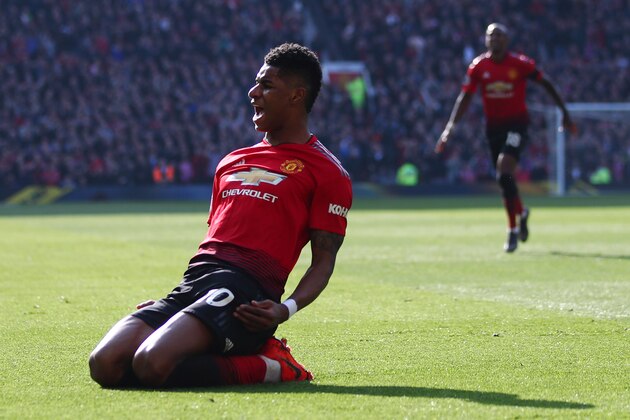 MANCHESTER, ENGLAND - MARCH 30: Marcus Rashford of Manchester United celebrates after scoring his team's first goal during the Premier League match between Manchester United and Watford FC at Old Trafford on March 30, 2019 in Manchester, United Kingdom. (Photo by Clive Brunskill/Getty Images)