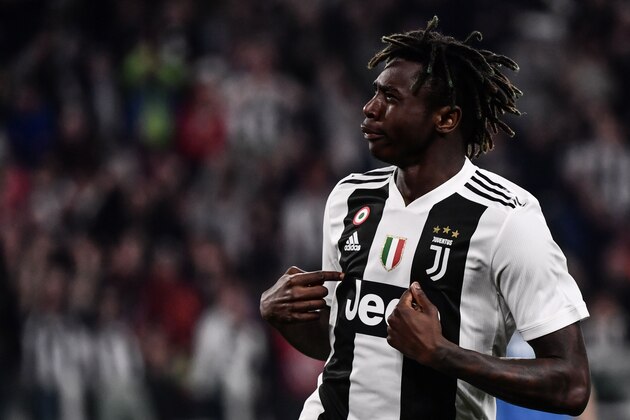 Juventus' Italian forward Moise Kean celebrates after opening the scoring during the Italian Serie A football match Juventus vs Empoli on March 30, 2019 at the Juventus stadium in Turin. (Photo by Marco BERTORELLO / AFP)        (Photo credit should read MARCO BERTORELLO/AFP/Getty Images)