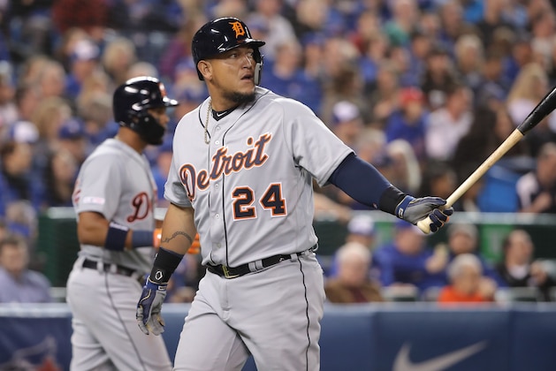 TORONTO, ON - MARCH 28: Miguel Cabrera #24 of the Detroit Tigers reacts after striking out in the ninth inning on Opening Day during MLB game action against the Toronto Blue Jays at Rogers Centre on March 28, 2019 in Toronto, Canada. (Photo by Tom Szczerbowski/Getty Images)