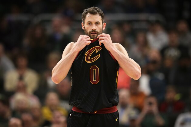 MILWAUKEE, WISCONSIN - MARCH 24:  Kevin Love #0 of the Cleveland Cavaliers looks on in the first quarter against the Milwaukee Bucks at the Fiserv Forum on March 24, 2019 in Milwaukee, Wisconsin. NOTE TO USER: User expressly acknowledges and agrees that, by downloading and or using this photograph, User is consenting to the terms and conditions of the Getty Images License Agreement. (Photo by Dylan Buell/Getty Images)