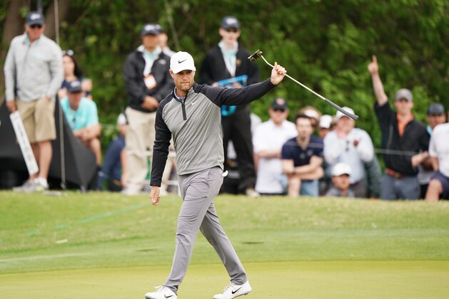AUSTIN, TEXAS - MARCH 30: Lucas Bjerregaard of Denmark reacts to his putt on the 16th green in his match against Tiger Woods of the United States during the quarterfinal round of the World Golf Championships-Dell Technologies Match Play at Austin Country Club on March 30, 2019 in Austin, Texas. (Photo by Darren Carroll/Getty Images)