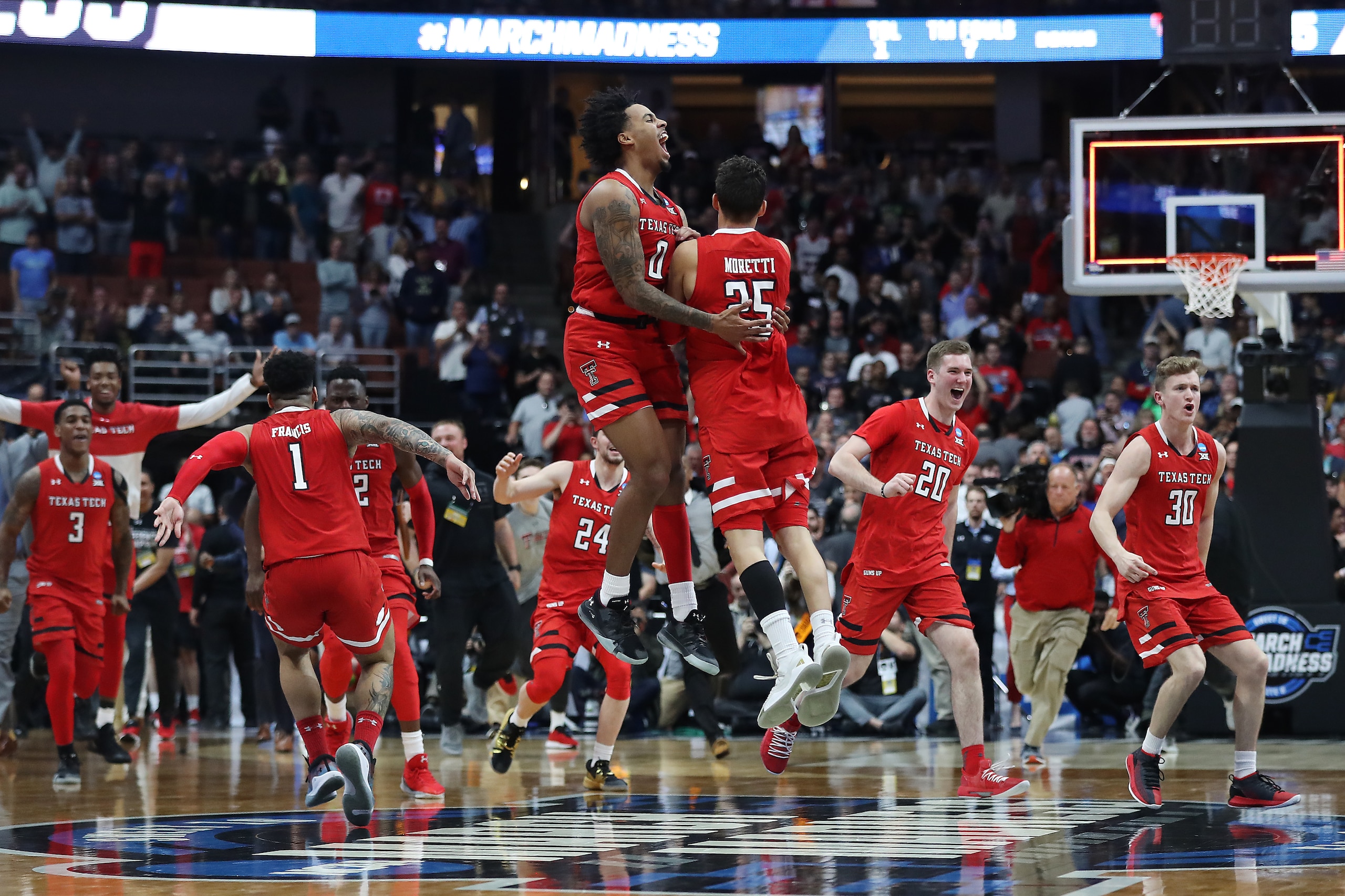 ANAHEIM, CALIFORNIA - MARCH 30: The Texas Tech Red Raiders celebrate their victory against the Gonzaga Bulldogs during the 2019 NCAA Men's Basketball Tournament West Regional at Honda Center on March 30, 2019 in Anaheim, California. (Photo by Sean M. Haffey/Getty Images)