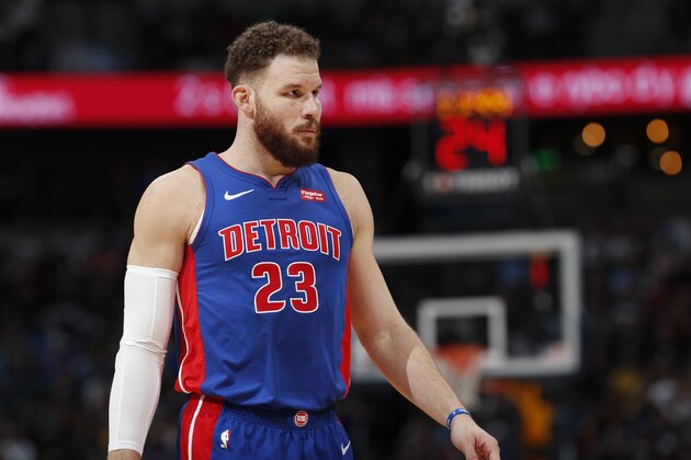Detroit Pistons forward Blake Griffin (23) in the second half of an NBA basketball game Tuesday, March 26, 2019, in Denver. The Nuggets won 95-92. (AP Photo/David Zalubowski)