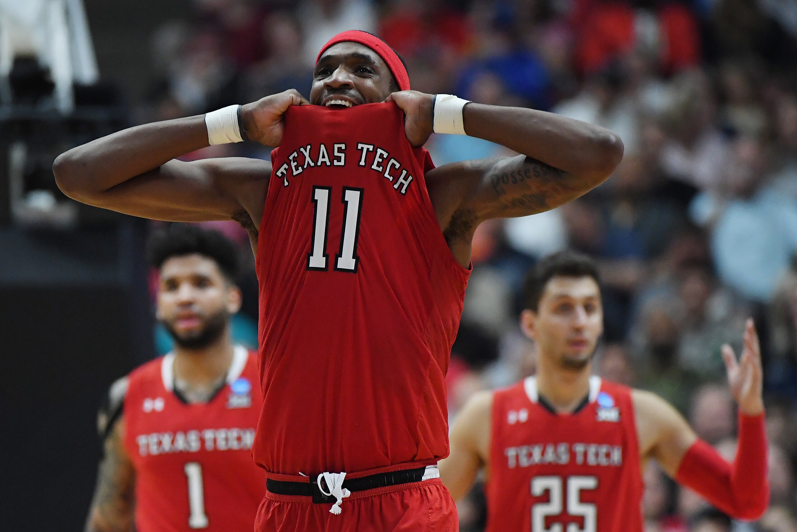 ANAHEIM, CALIFORNIA - MARCH 30: Tariq Owens #11 of the Texas Tech Red Raiders reacts after being called for an offensive foulo against the Gonzaga Bulldogs during the second half of the 2019 NCAA Men's Basketball Tournament West Regional at Honda Center on March 30, 2019 in Anaheim, California. (Photo by Harry How/Getty Images) ANAHEIM, CALIFORNIA - MARCH 30: Tariq Owens #11 of the Texas Tech Red Raiders reacts after being called for an offensive foulo against the Gonzaga Bulldogs during the second half of the 2019 NCAA Men's Basketball Tournament West Regional at Honda Center on March 30, 2019 in Anaheim, California. (Photo by Harry How/Getty Images)