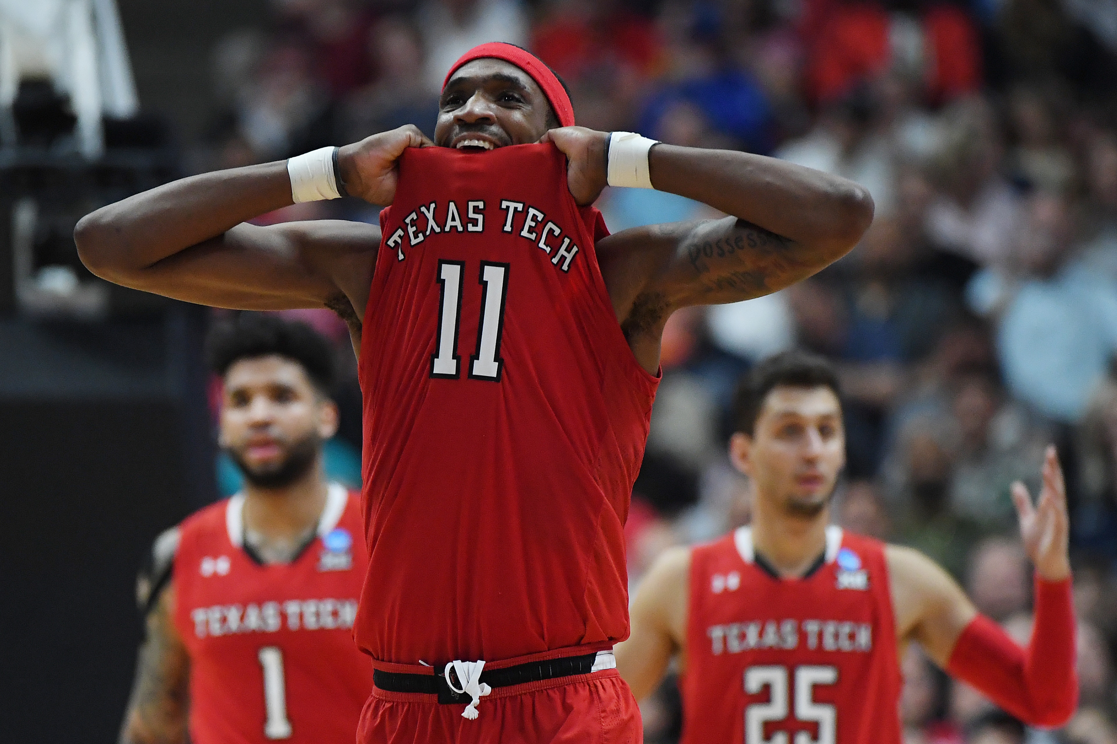 ANAHEIM, CALIFORNIA - MARCH 30: Tariq Owens #11 of the Texas Tech Red Raiders reacts after being called for an offensive foulo against the Gonzaga Bulldogs during the second half of the 2019 NCAA Men's Basketball Tournament West Regional at Honda Center on March 30, 2019 in Anaheim, California. (Photo by Harry How/Getty Images)