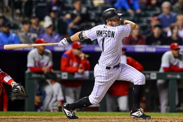 DENVER, CO - SEPTEMBER 24:  Garrett Hampson #1 of the Colorado Rockies hits an eighth inning double against the Philadelphia Phillies at Coors Field on September 24, 2018 in Denver, Colorado.  (Photo by Dustin Bradford/Getty Images)