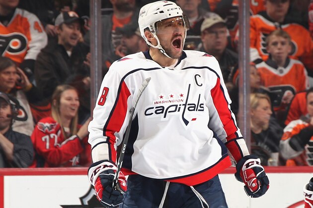 PHILADELPHIA, PENNSYLVANIA - MARCH 06: Alex Ovechkin #8 of the Washington Capitals celebrates his power-play goal at 2:32 of the second period against the Philadelphia Flyers at the Wells Fargo Center on March 06, 2019 in Philadelphia, Pennsylvania. For Ovechkin, it was his 1,199 NHL point. (Photo by Bruce Bennett/Getty Images)