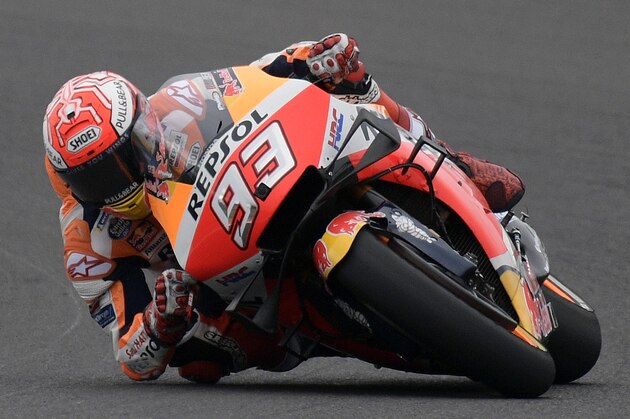 Spain's biker Marc Marquez rides his Honda during the warm-up of the MotoGP of the Argentina Grand Prix at the Termas de Rio Hondo circuit in Santiago del Estero, Argentina, on March 31, 2019. (Photo by Juan MABROMATA / AFP)        (Photo credit should read JUAN MABROMATA/AFP/Getty Images)