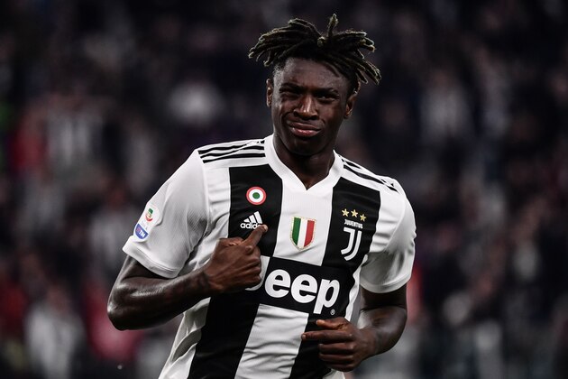 Juventus' Italian forward Moise Kean celebrates after opening the scoring during the Italian Serie A football match Juventus vs Empoli on March 30, 2019 at the Juventus stadium in Turin. (Photo by Marco BERTORELLO / AFP)        (Photo credit should read MARCO BERTORELLO/AFP/Getty Images)