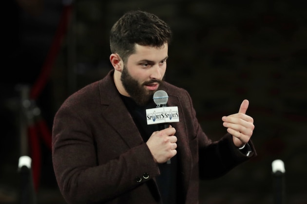 Cleveland Browns quarterback Baker Mayfield speaks at the Cleveland Sports Awards, Wednesday, Feb. 6, 2019, in Cleveland. Mayfield won the Athlete of the Year Award. (AP Photo/Tony Dejak)