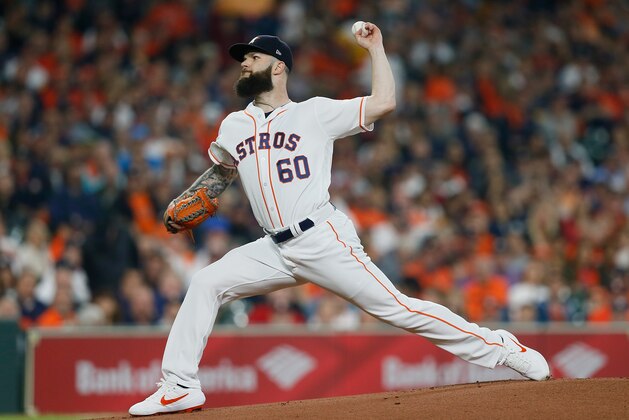 HOUSTON, TX - OCTOBER 16:  Dallas Keuchel #60 of the Houston Astros pitches in the first inning against the Boston Red Sox during Game Three of the American League Championship Series at Minute Maid Park on October 16, 2018 in Houston, Texas.  (Photo by Bob Levey/Getty Images)