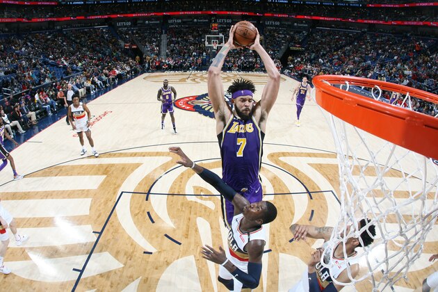 NEW ORLEANS, LA - MARCH 31: JaVale McGee #7 of the Los Angeles Lakers dunks the ball against the New Orleans Pelicans  on March 31, 2019 at the Smoothie King Center in New Orleans, Louisiana. NOTE TO USER: User expressly acknowledges and agrees that, by downloading and or using this Photograph, user is consenting to the terms and conditions of the Getty Images License Agreement. Mandatory Copyright Notice: Copyright 2019 NBAE (Photo by Layne Murdoch Jr./NBAE via Getty Images)